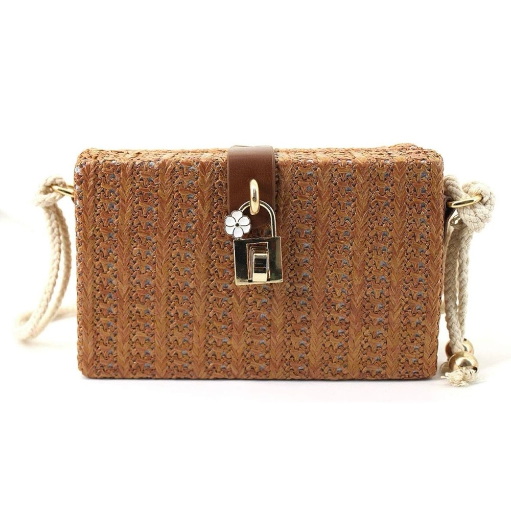Van Caro Handwoven cotton straw shoulder bag crochet tassel bohemian beach brown